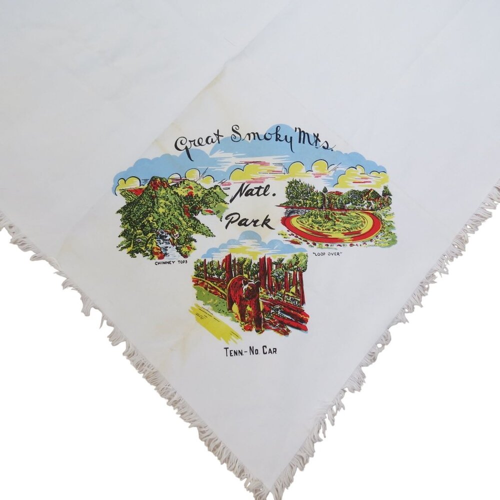 VINTAGE Great Smoky Mountains National Park Souvenir Scarf White Square Fabric - Picture 4 of 5